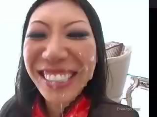 Sluty dark haired asian goddess gets grand white cum all over her face